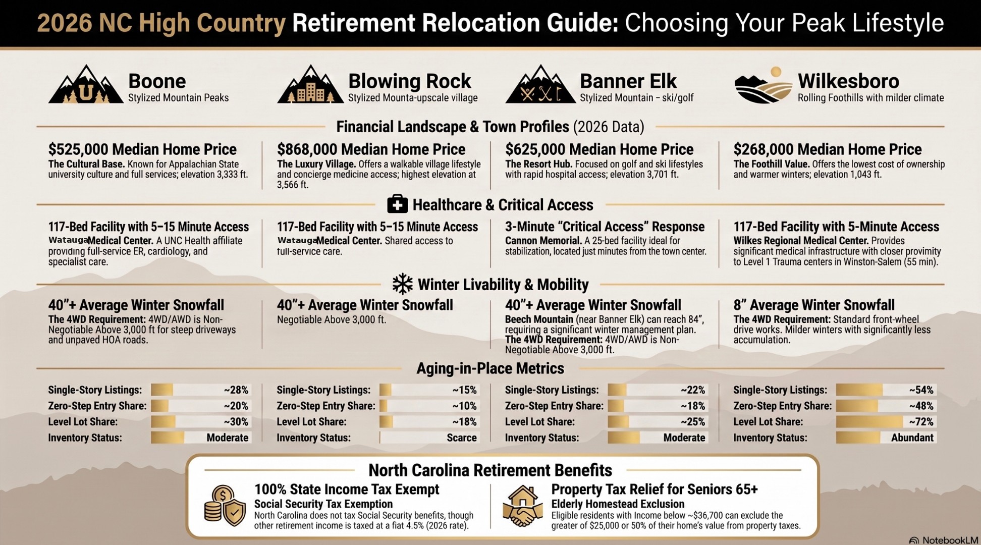 2026 NC High Country Retirement Relocation Guide infographic comparing Boone, Blowing Rock, Banner Elk, and Wilkesboro NC across median home prices, healthcare access, winter livability, aging-in-place inventory shares, and North Carolina retirement tax benefits.