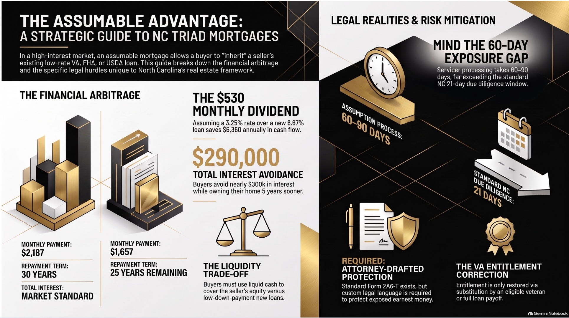 The Assumable Advantage: A Strategic Guide to NC Triad Mortgages — $530 monthly dividend, $290,000 total interest avoided, 5 years paid sooner, 60-90 day servicer timeline vs 21-day NC due diligence window, Form 2A6-T requirements, VA entitlement mechanics