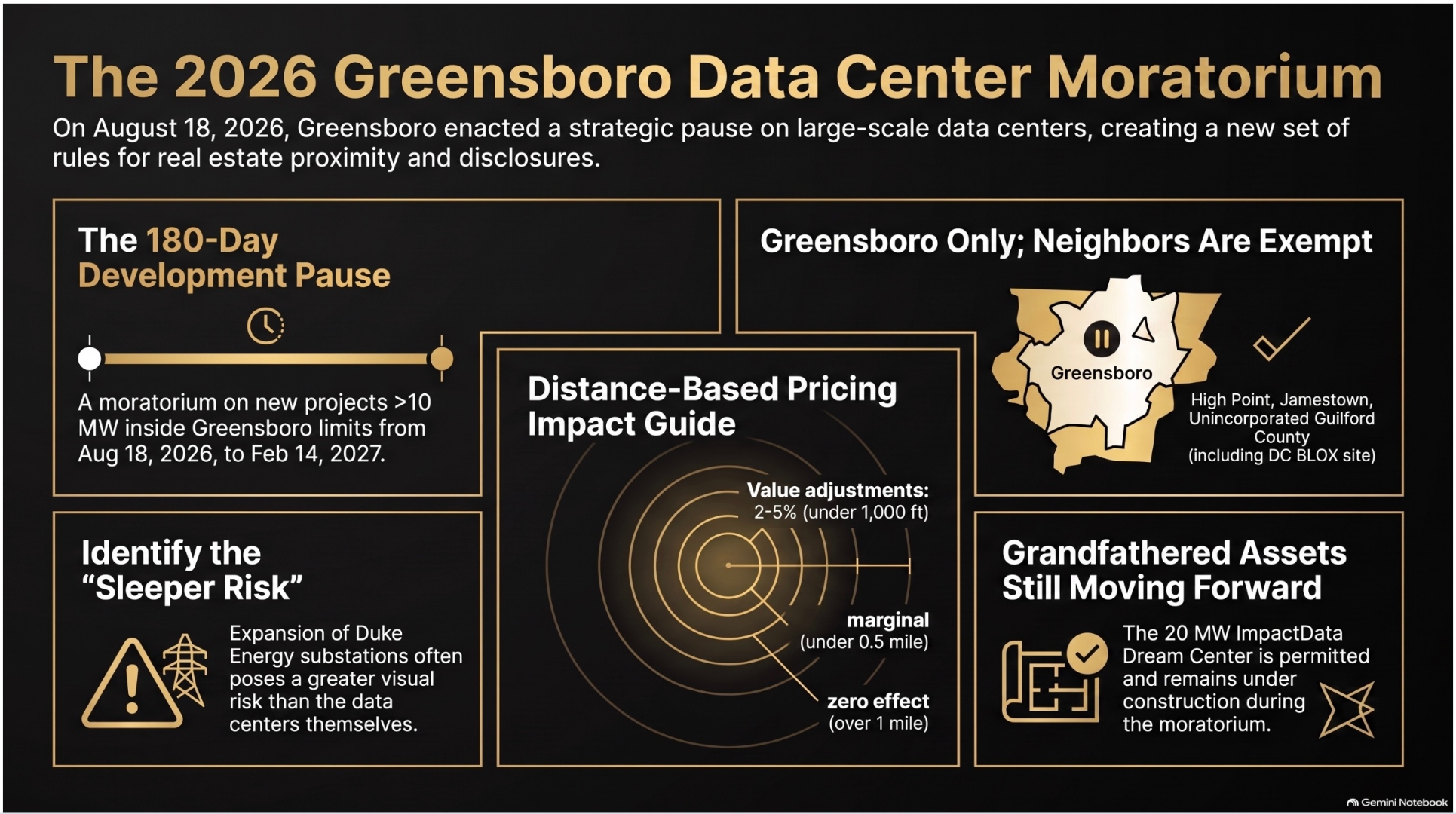 The 2026 Greensboro Data Center Moratorium at a glance: 180-day development pause on projects above 10 megawatts inside Greensboro city limits from August 18, 2026 through February 14, 2027; Greensboro only, with High Point, Jamestown, and unincorporated Guilford County exempt (including the DC BLOX site); distance-based value adjustments of 2 to 5 percent under 1,000 feet, marginal effect under half a mile, zero effect over one mile; the 20 megawatt ImpactData Dream Center is grandfathered and remains under construction; and the sleeper risk is Duke Energy substation expansion, which often poses a greater visual impact than the data centers themselves.