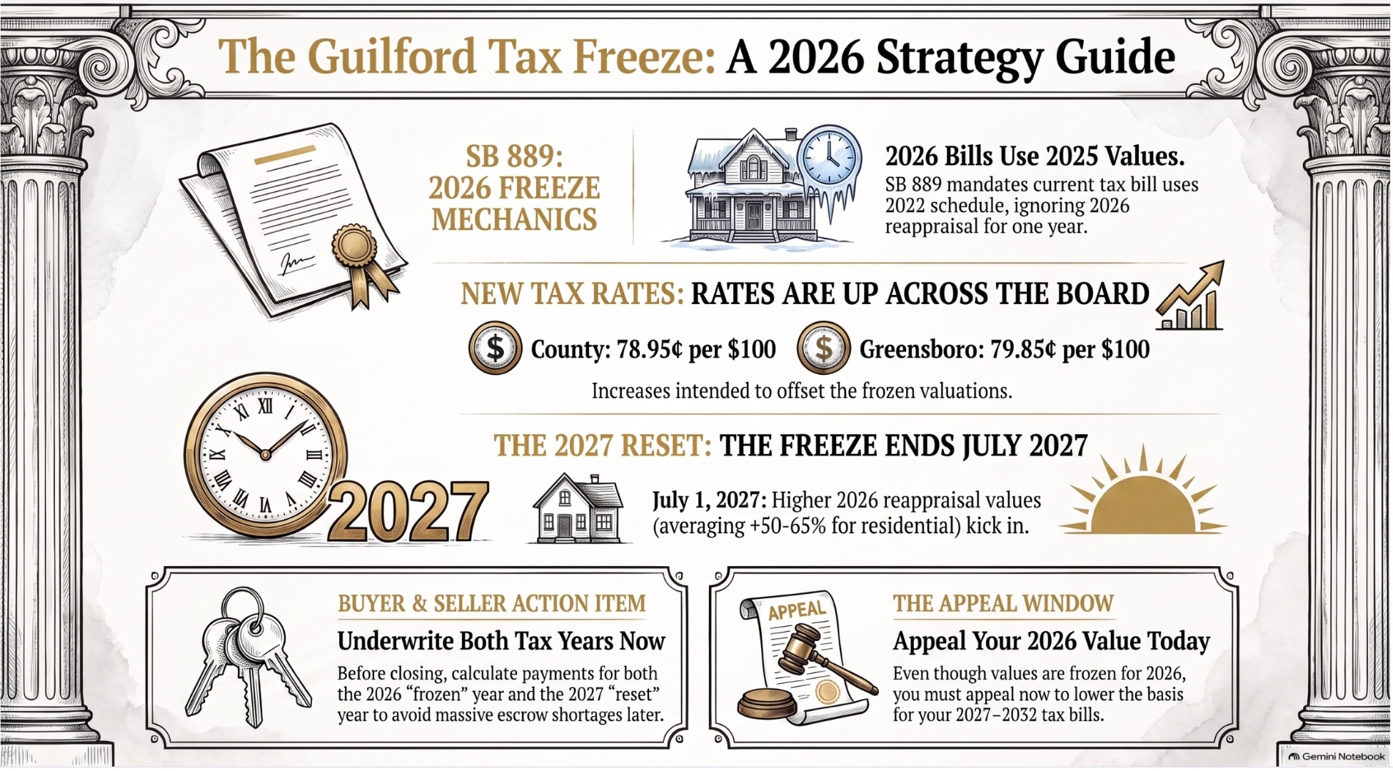 Infographic of Guilford County SB 889 property tax freeze: the eight counties bound by the moratorium, the three exempt and one conditional county under SL 2026-47, the FY2027 78.95-cent county rate versus the manager's original 61.90-cent recommendation, the Greensboro city rate at 79.85 cents, the 2027 reset when the frozen 2026 reappraisal values become active, and the appeal window that shapes six tax years through 2032.