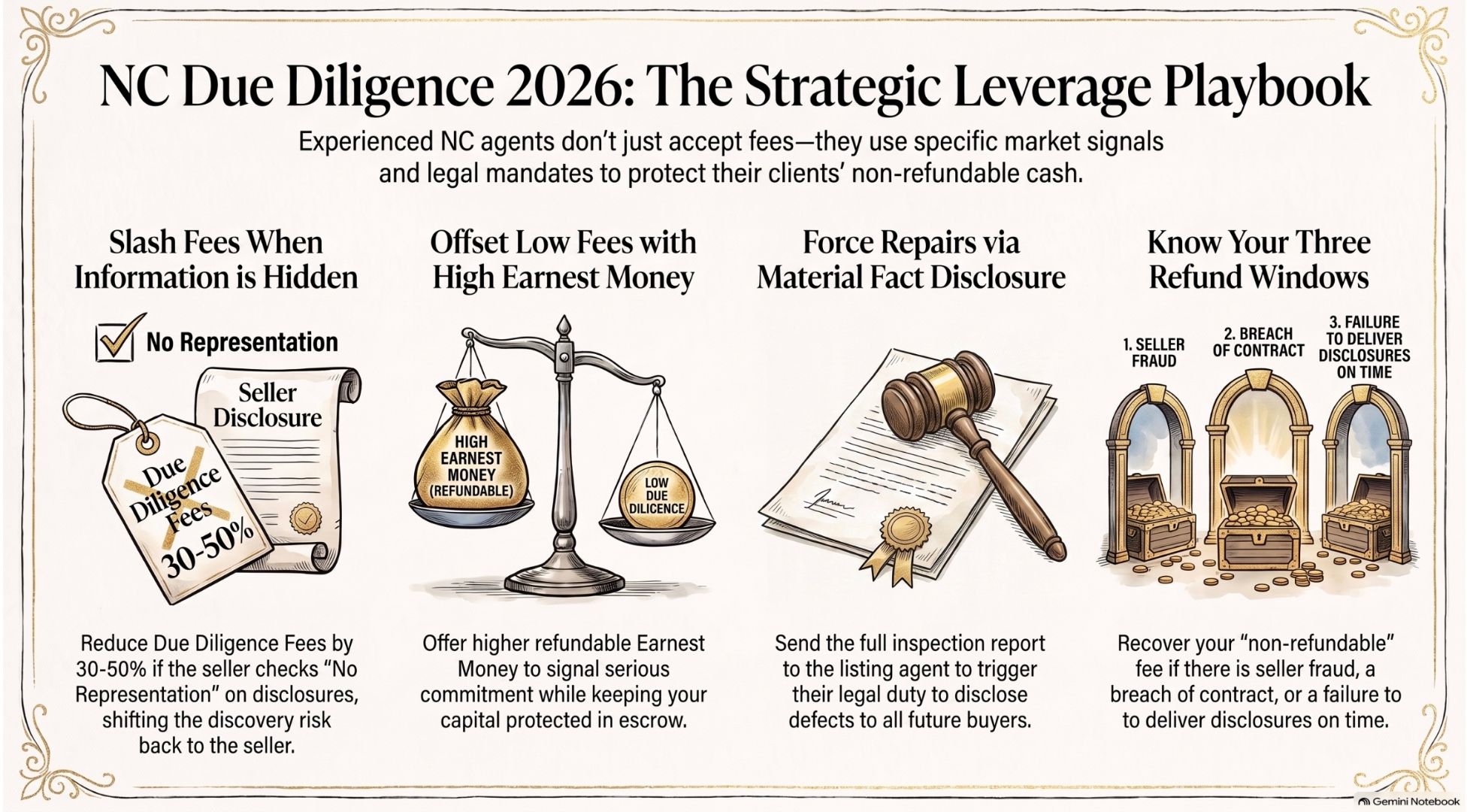 NC Due Diligence Tactics 2026 infographic: six leverage plays experienced Triad NC buyer agents use to negotiate the Due Diligence Fee, protect earnest money, and identify legal refund windows