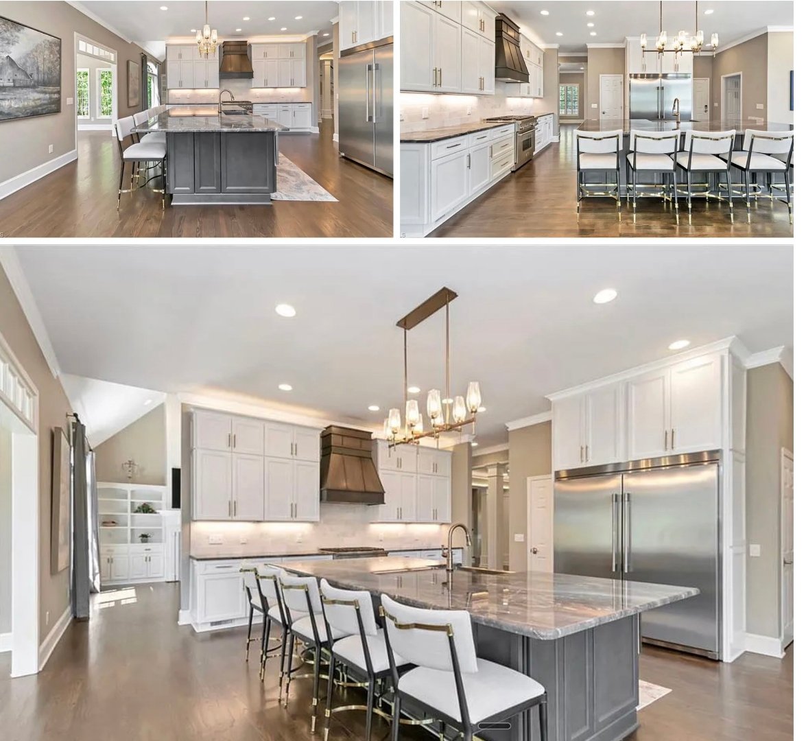 Beacon Ridge Wilkesboro NC luxury kitchen with quartzite island, professional appliances, custom cabinetry, and brass fixtures